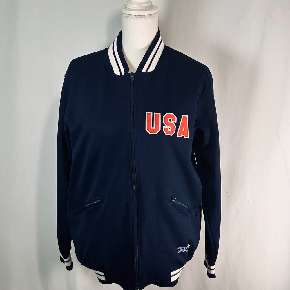 Vintage Asics OH-W USA Track Jacket Navy Blue Made in Japan‎ Varsity Bomber L